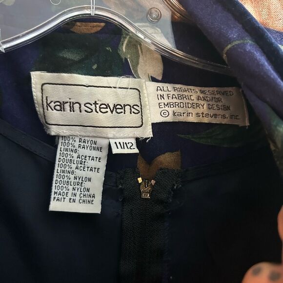 Vintage 90s Karin Stevens Blue Floral Quilted Jacket Dress Size 11/12 - Picture 14 of 16